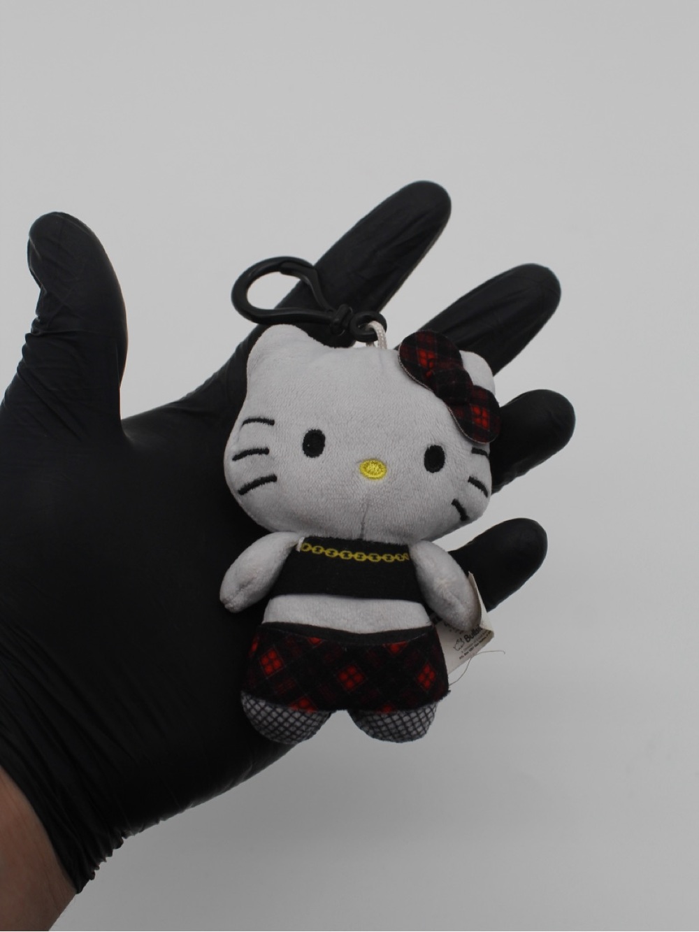 Hello Kitty Gray Plush Keychain with Red Plaid Bow